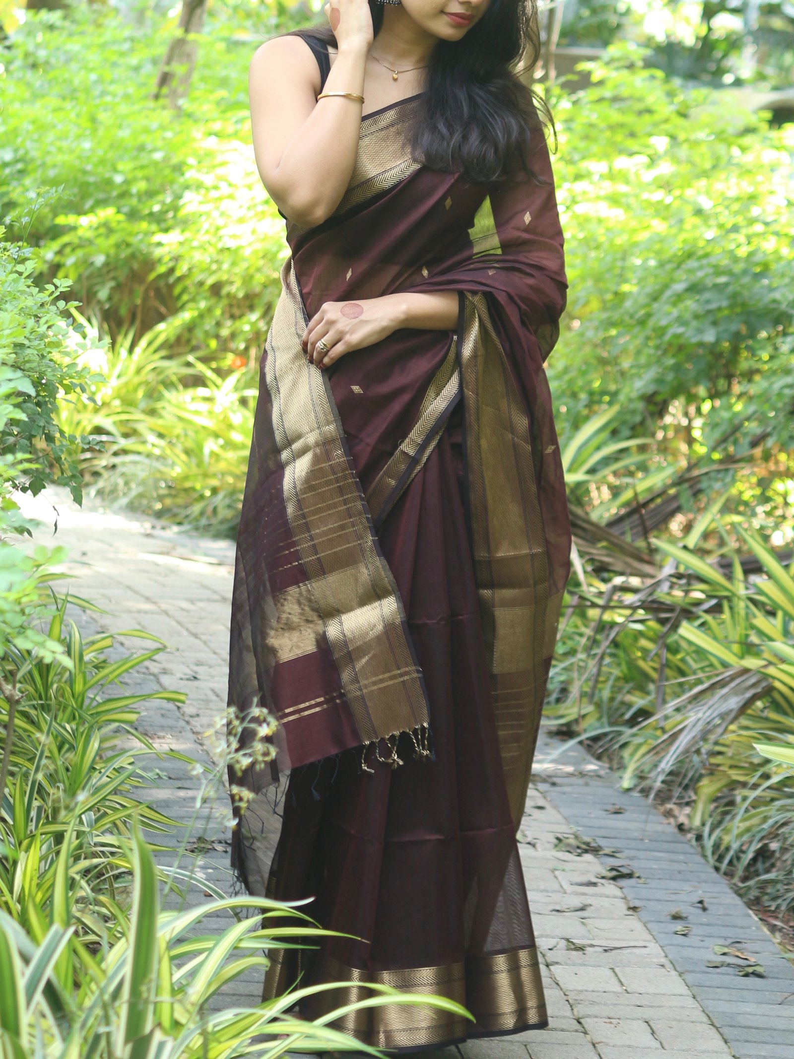 Bhoomi: Mocha Brown Maheshwari Silk Saree with Golden Zari