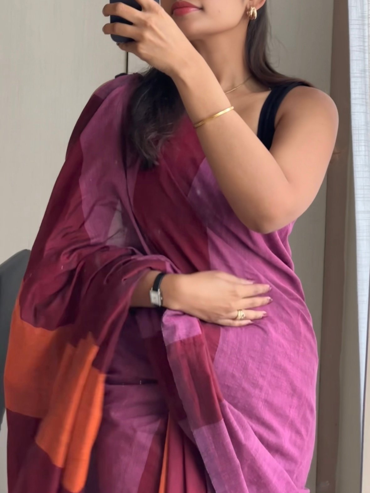 Pink Colour Bar Mul Cotton Saree