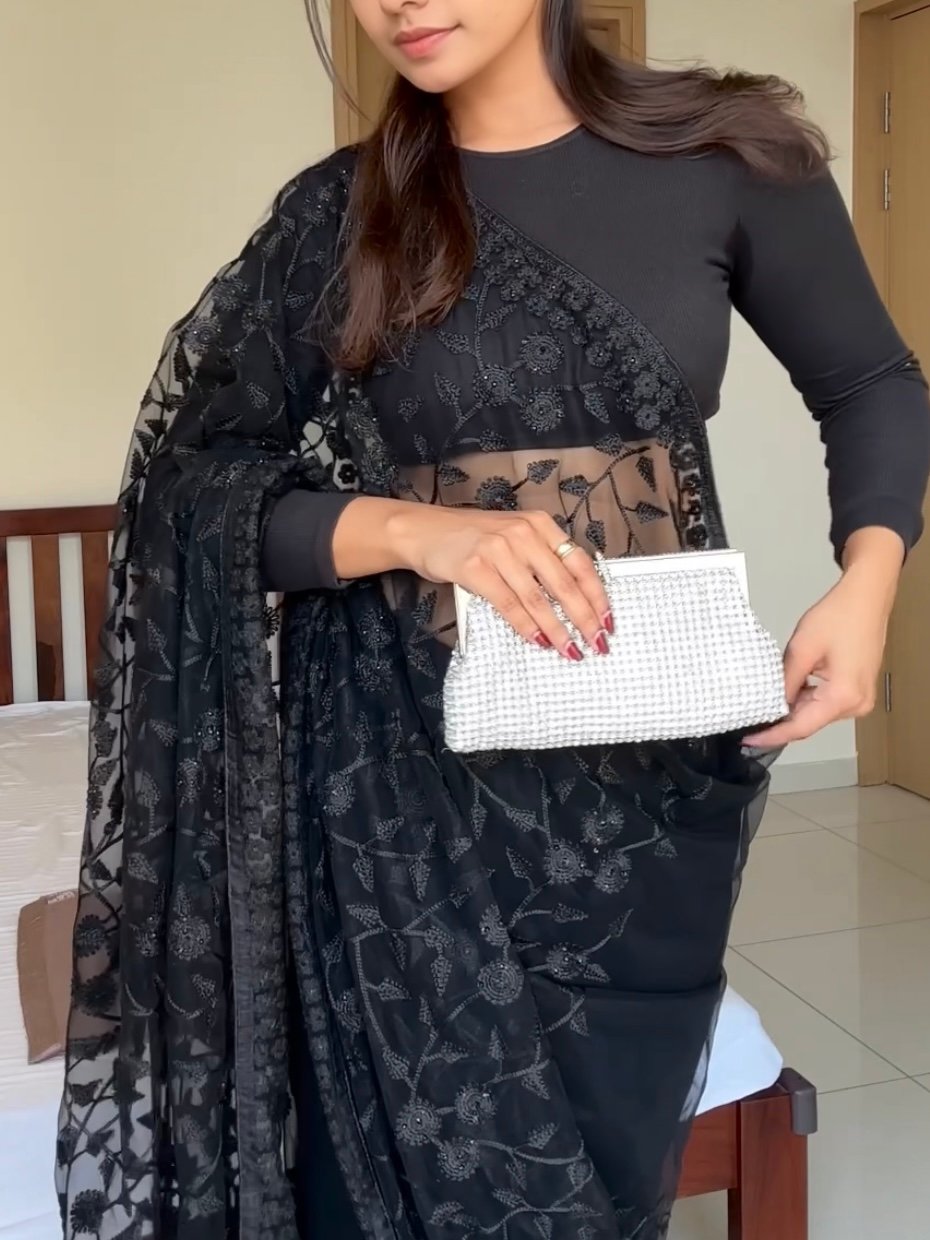 Laila: Floral Black Net Saree