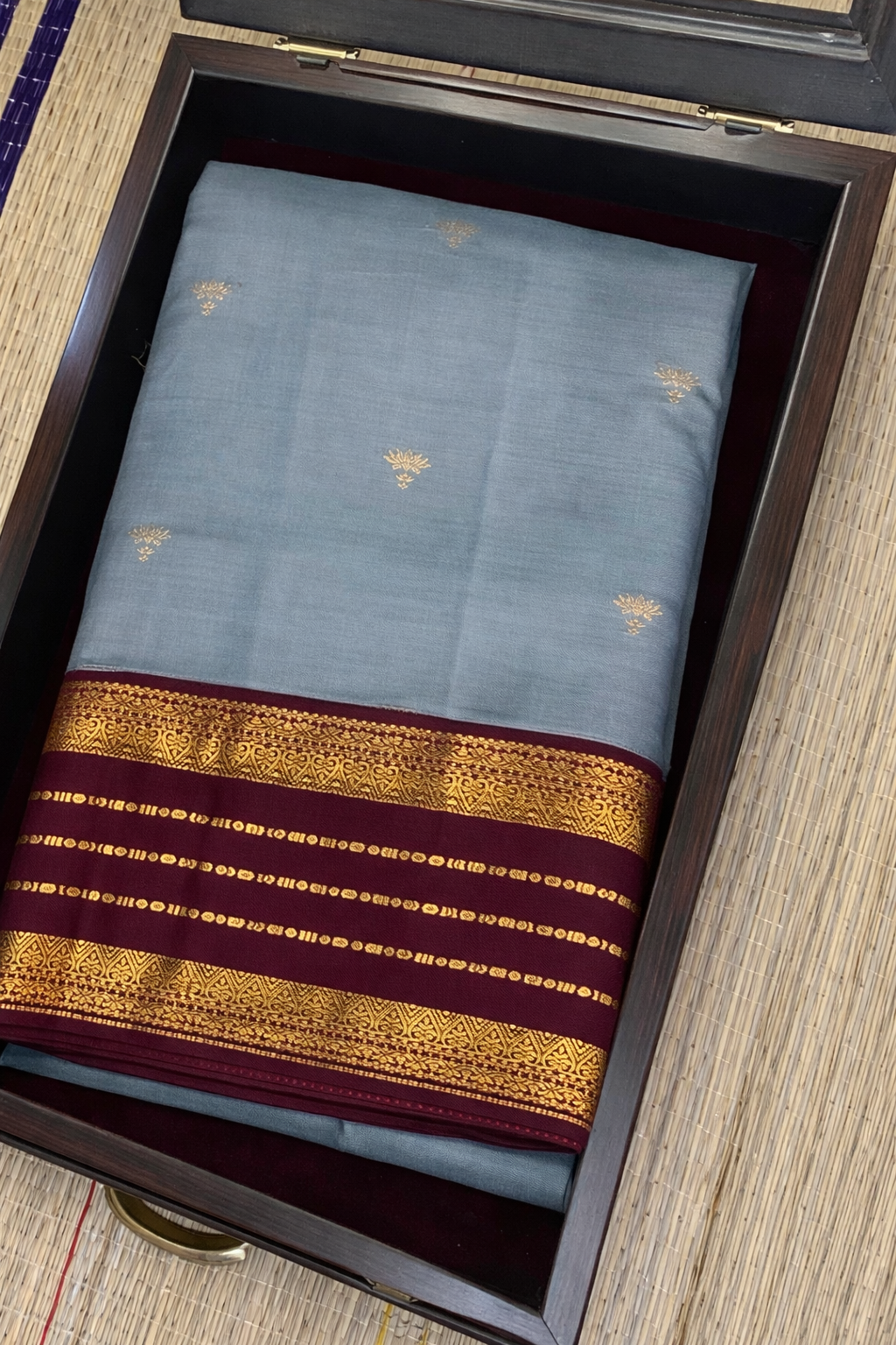 2G Handwoven Pure Kanchipuram Silk Saree – Powder Blue & Brown