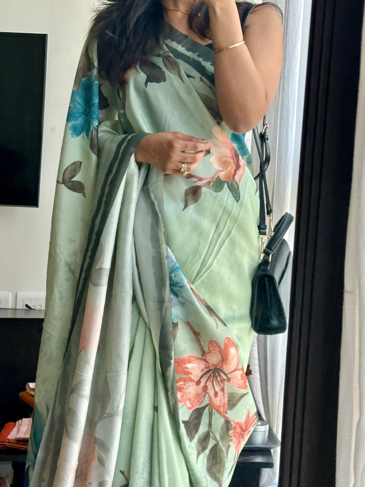 Sage green floral saree