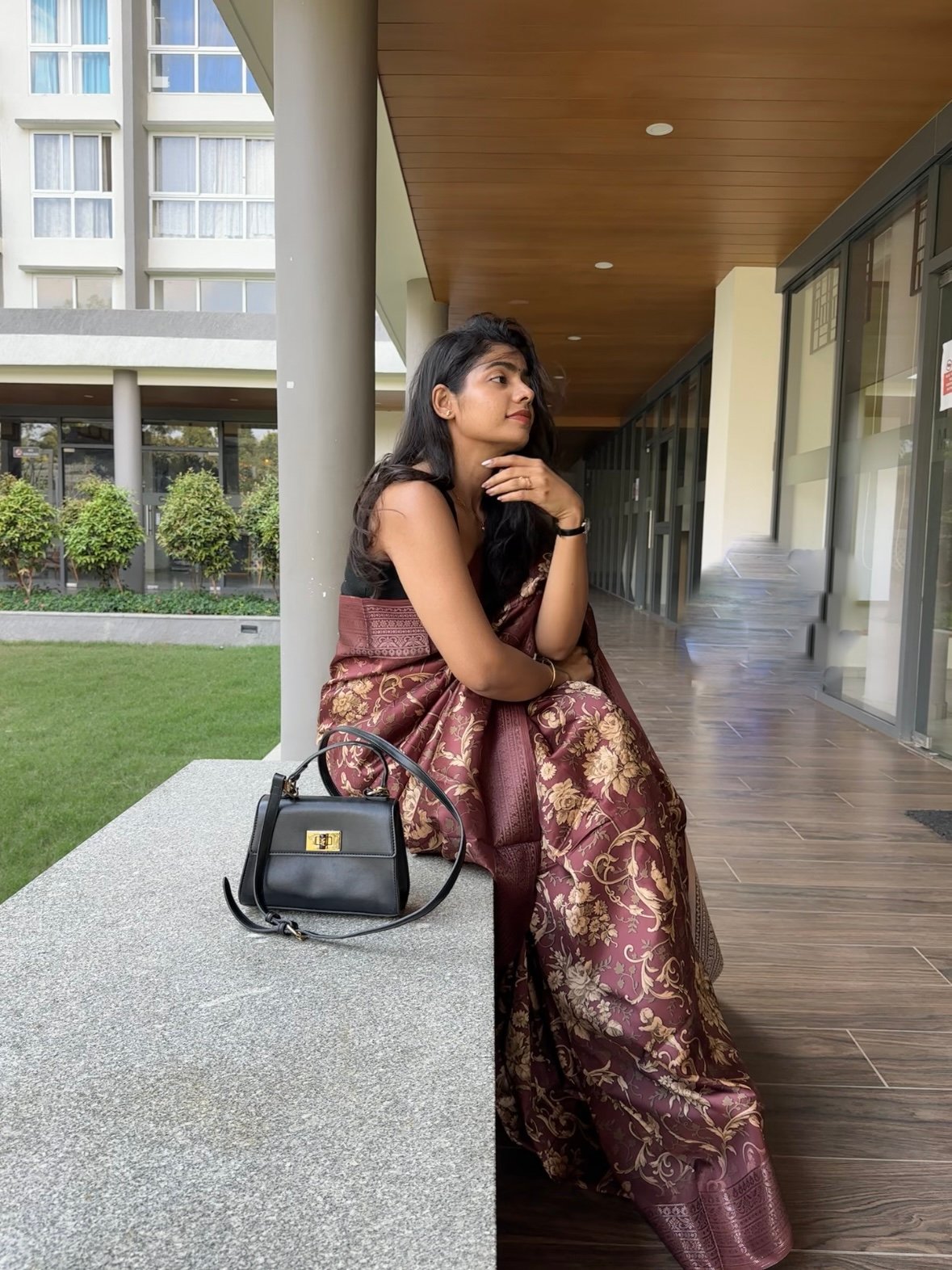 Brown floral satin silk saree