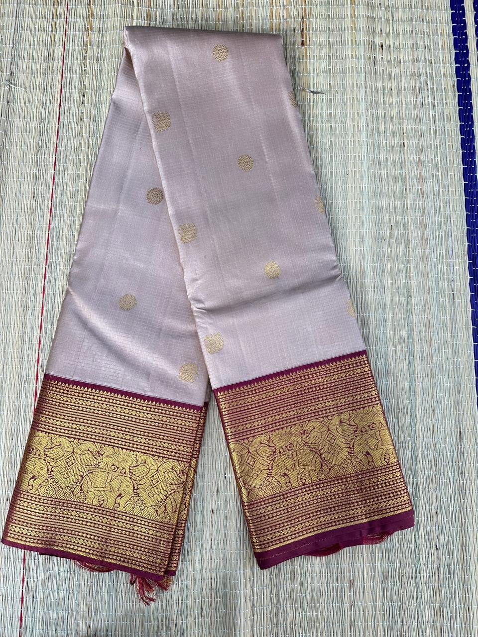 2G Kanchipuram pure handloom silk saree in beige pink and wine