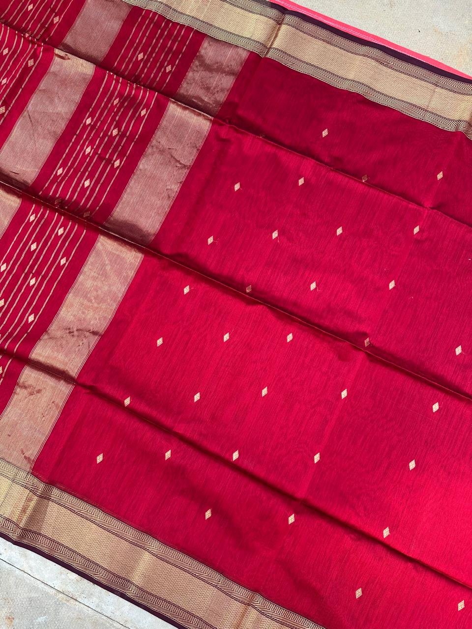 Red maheshwari silk by cotton saree