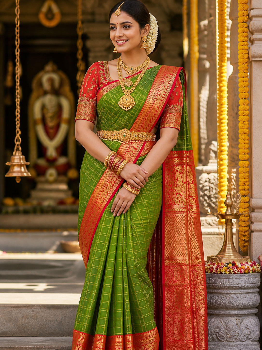 MOSS GREEN & CRIMSON RED ELEPHANT ZARI CHECKS KANCHIPURAM SILK SAREE